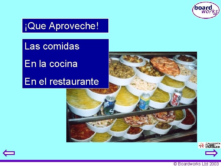 ¡Que Aproveche! Las comidas En la cocina En el restaurante © Boardworks Ltd 2003