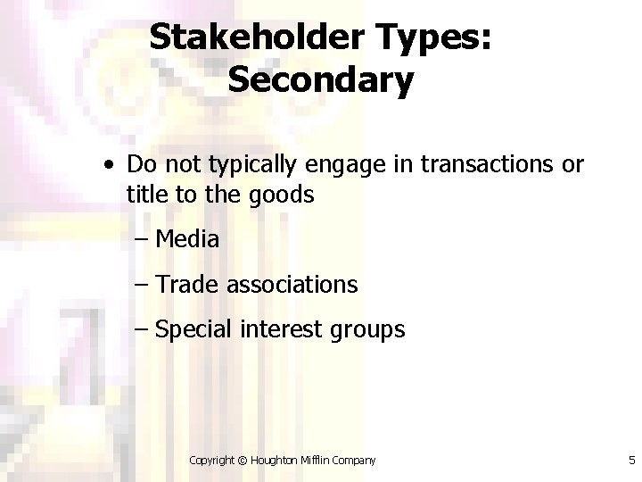 Stakeholder Types: Secondary • Do not typically engage in transactions or title to the