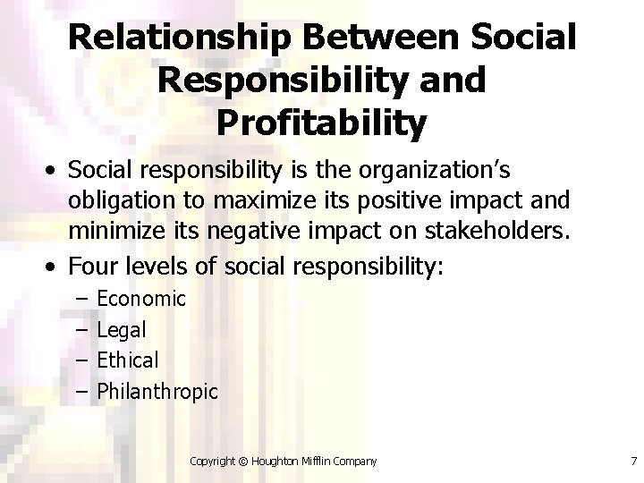 Relationship Between Social Responsibility and Profitability • Social responsibility is the organization’s obligation to