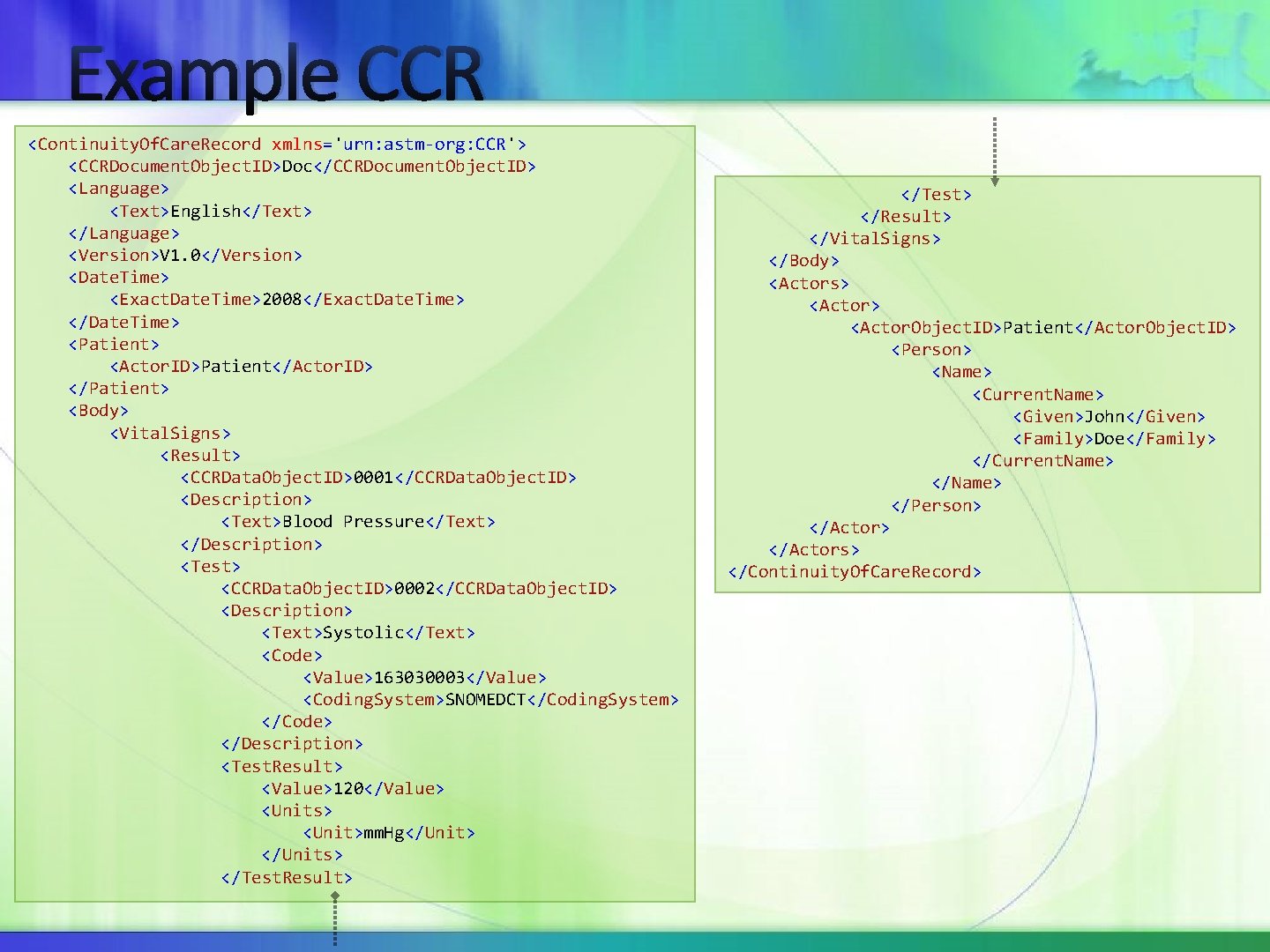 Example CCR <Continuity. Of. Care. Record xmlns='urn: astm-org: CCR'> <CCRDocument. Object. ID>Doc</CCRDocument. Object. ID>