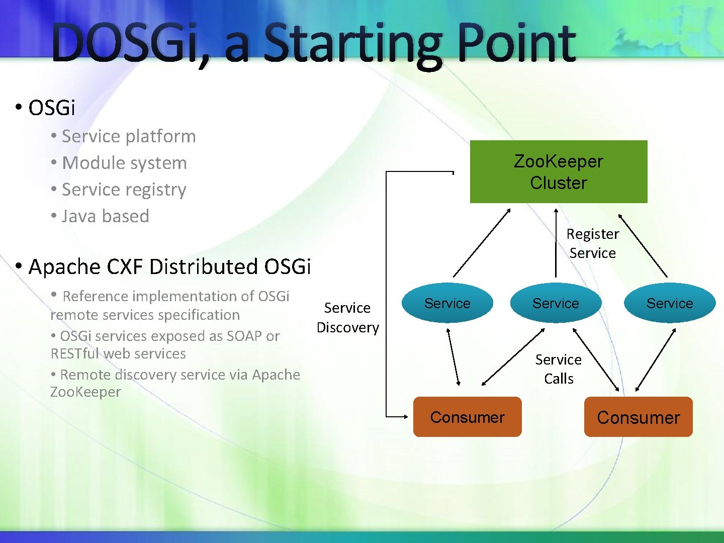 DOSGi, a Starting Point • OSGi • Service platform • Module system • Service