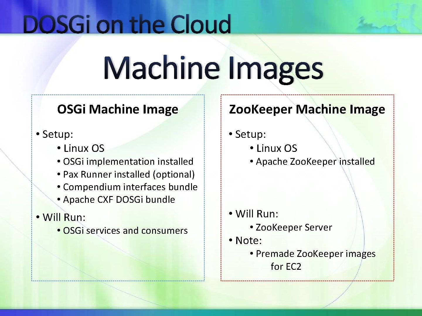 DOSGi on the Cloud Machine Images OSGi Machine Image Zoo. Keeper Machine Image •