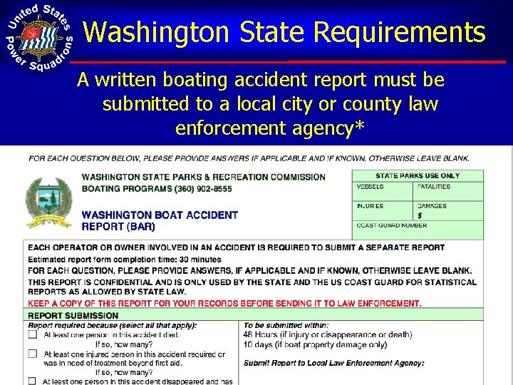 Washington State Requirements A written boating accident report must be submitted to a local