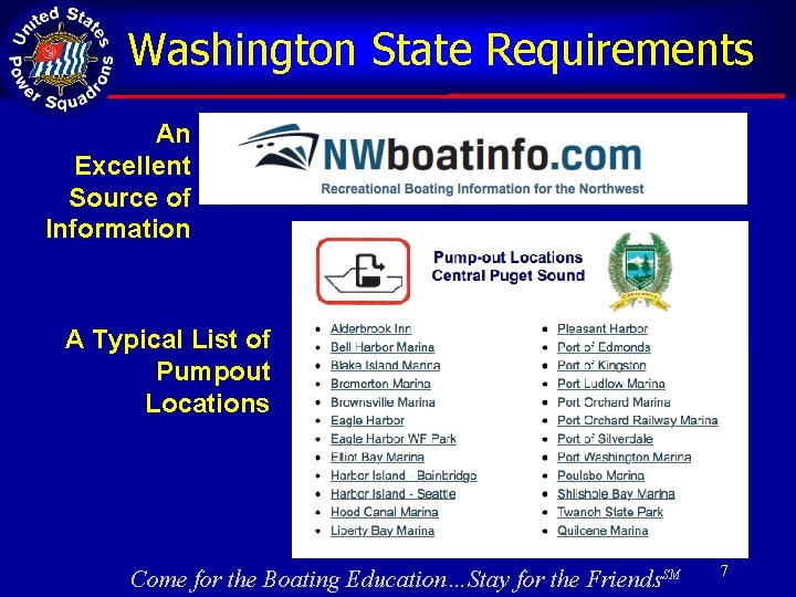 Washington State Requirements An Excellent Source of Information A Typical List of Pumpout Locations