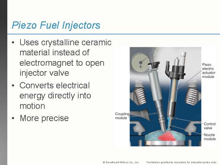 Piezo Fuel Injectors • Uses crystalline ceramic material instead of electromagnet to open injector