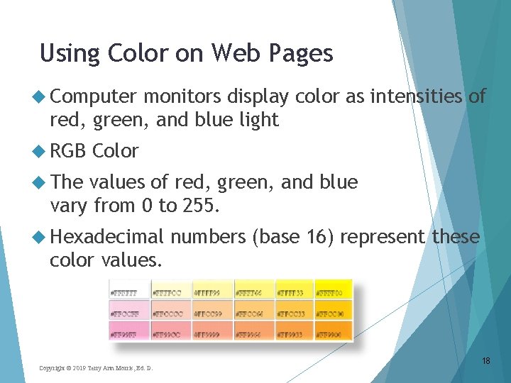 Using Color on Web Pages Computer monitors display color as intensities of red, green,