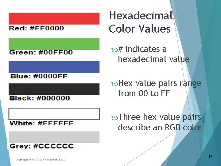 Hexadecimal Color Values # indicates a hexadecimal value Hex value pairs range from 00