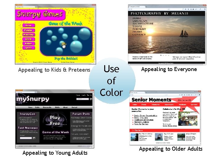 Appealing to Kids & Preteens Appealing to Young Adults Use of Color Appealing to