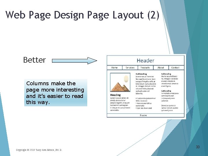 Web Page Design Page Layout (2) Better Columns make the page more interesting and