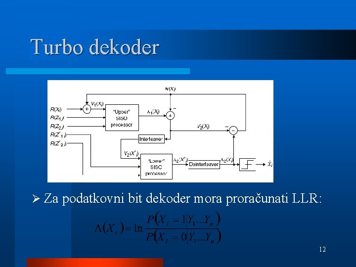 Turbo dekoder Ø Za podatkovni bit dekoder mora proračunati LLR: 12 