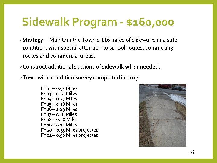 Sidewalk Program - $160, 000 ü Strategy – Maintain the Town’s 116 miles of