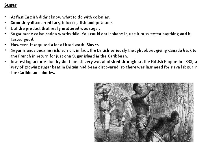 Sugar • • At first English didn’t know what to do with colonies. Soon