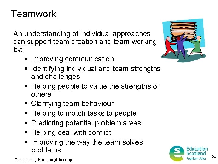 Teamwork An understanding of individual approaches can support team creation and team working by: