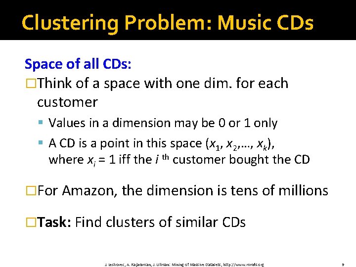 Clustering Problem: Music CDs Space of all CDs: �Think of a space with one
