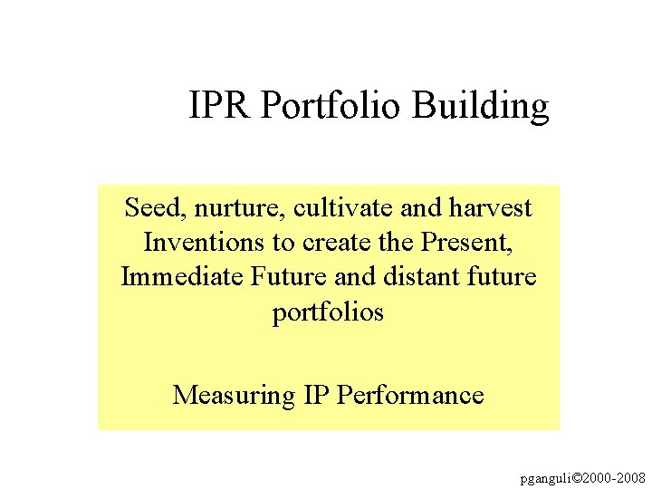 IPR Portfolio Building Seed, nurture, cultivate and harvest Inventions to create the Present, Immediate