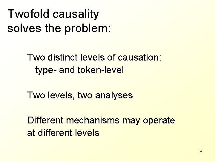 Twofold causality solves the problem: Two distinct levels of causation: type- and token-level Two