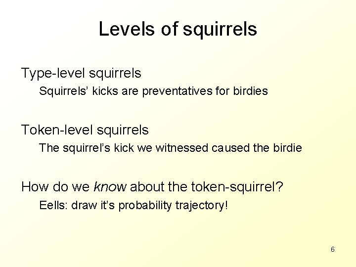Levels of squirrels Type-level squirrels Squirrels’ kicks are preventatives for birdies Token-level squirrels The