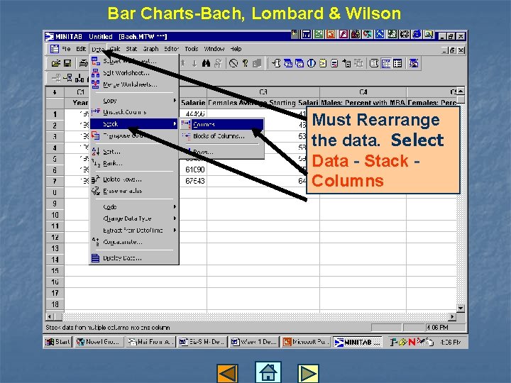 Bar Charts-Bach, Lombard & Wilson Must Rearrange the data. Select Data - Stack Columns