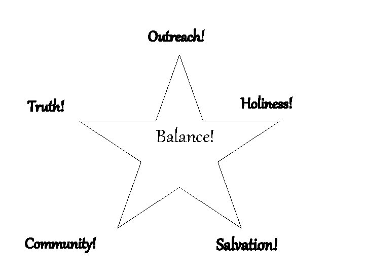 Outreach! Holiness! Truth! Balance! Community! Salvation! 