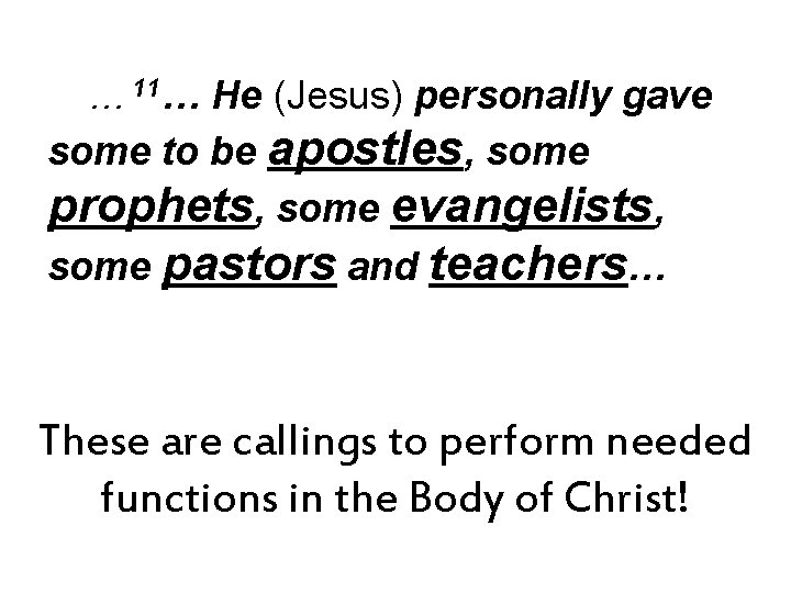 … 11… He (Jesus) personally gave some to be apostles, some prophets, some evangelists,