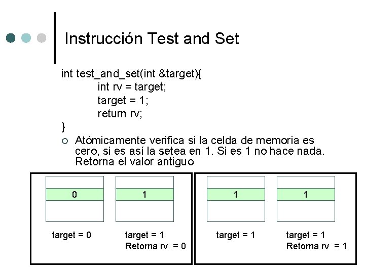 Instrucción Test and Set int test_and_set(int &target){ int rv = target; target = 1;