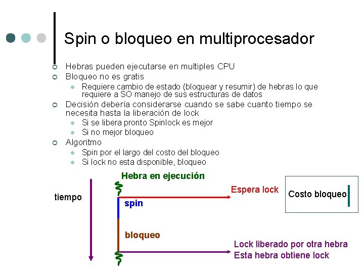 Spin o bloqueo en multiprocesador ¢ ¢ Hebras pueden ejecutarse en multiples CPU Bloqueo