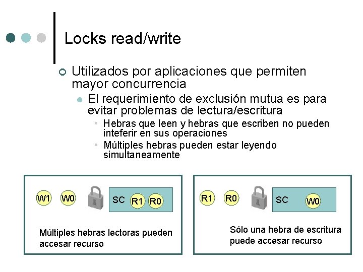 Locks read/write ¢ Utilizados por aplicaciones que permiten mayor concurrencia l El requerimiento de