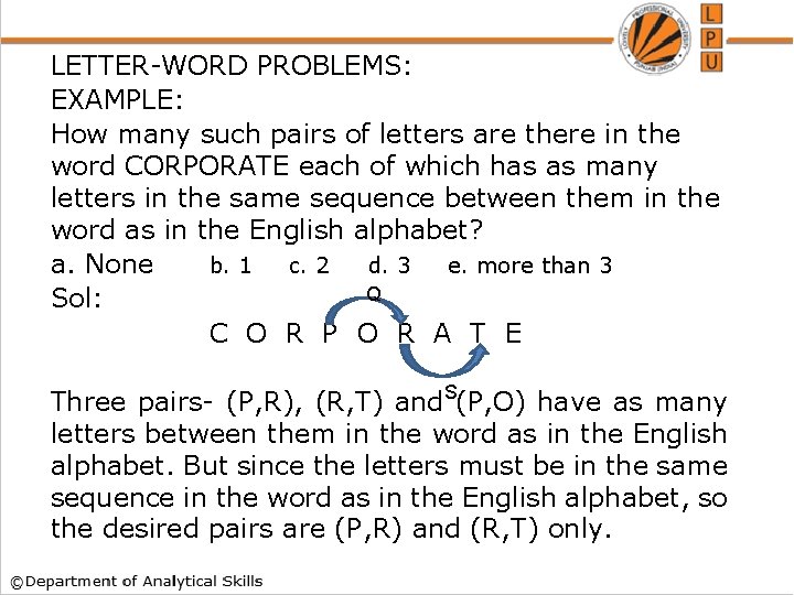 LETTER-WORD PROBLEMS: EXAMPLE: How many such pairs of letters are there in the word