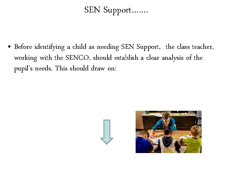 SEN Support……. • Before identifying a child as needing SEN Support, the class teacher,