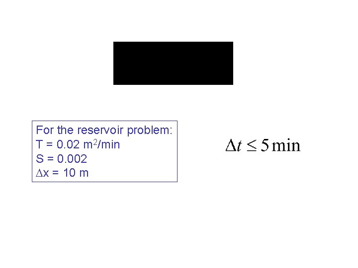 For the reservoir problem: T = 0. 02 m 2/min S = 0. 002