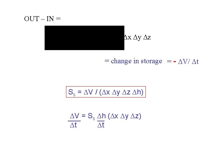 OUT – IN = x y z = change in storage = - V/