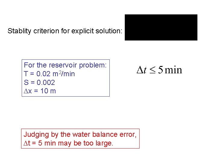 Stablity criterion for explicit solution: For the reservoir problem: T = 0. 02 m