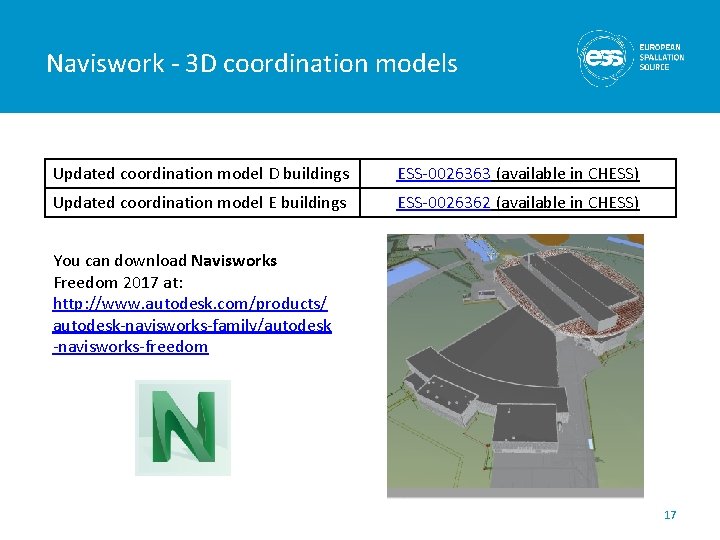 Naviswork - 3 D coordination models Updated coordination model D buildings ESS-0026363 (available in