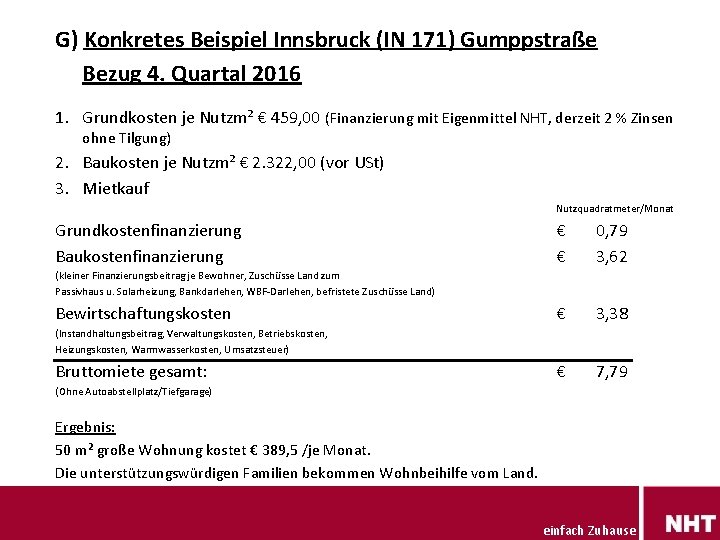 G) Konkretes Beispiel Innsbruck (IN 171) Gumppstraße Bezug 4. Quartal 2016 1. Grundkosten je