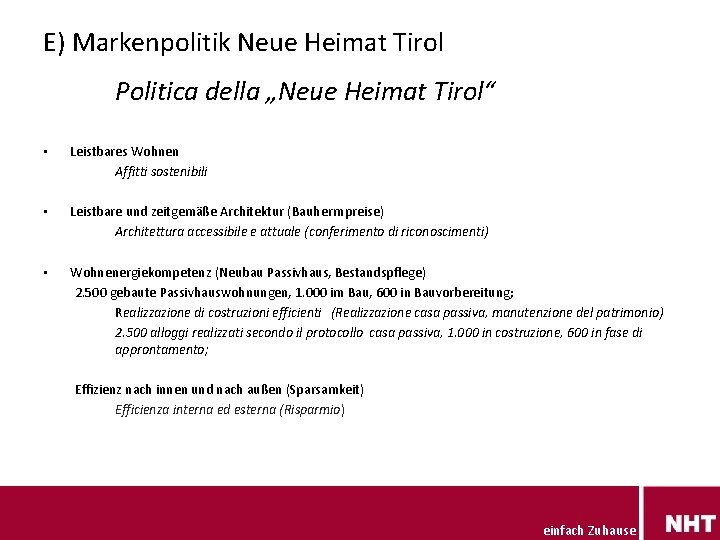 E) Markenpolitik Neue Heimat Tirol Politica della „Neue Heimat Tirol“ • Leistbares Wohnen Affitti