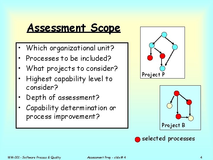 Assessment Scope • • Which organizational unit? Processes to be included? What projects to