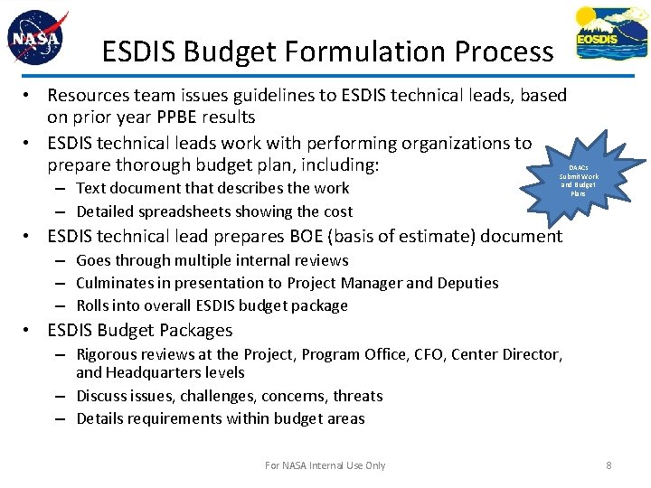 ESDIS Budget Formulation Process • Resources team issues guidelines to ESDIS technical leads, based