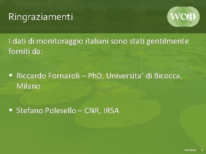 Ringraziamenti I dati di monitoraggio italiani sono stati gentilmente forniti da: § Riccardo Fornaroli