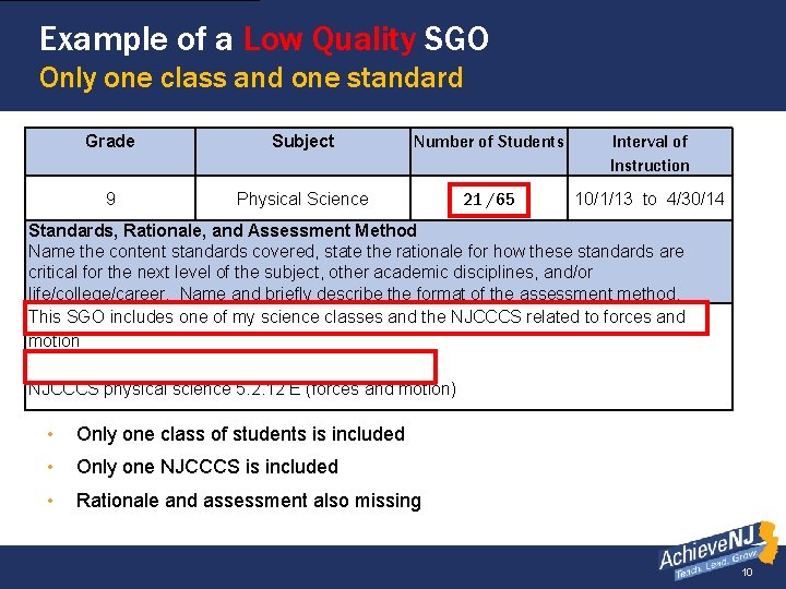 Example of a Low Quality SGO Only one class and one standard Grade Subject