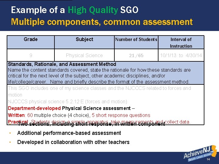Example of a High Quality SGO Multiple components, common assessment Grade Subject Number of