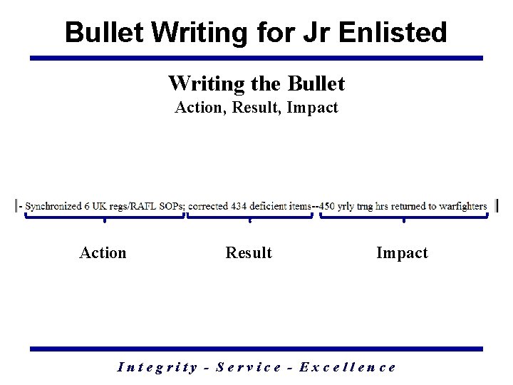 Bullet Writing for Jr Enlisted Writing the Bullet Action, Result, Impact Action Result Impact