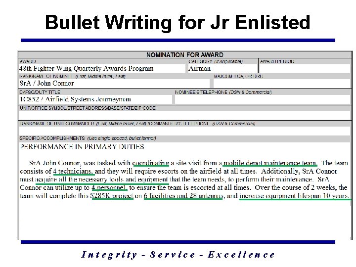 Bullet Writing for Jr Enlisted Integrity - Service - Excellence 36 