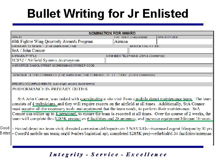 Bullet Writing for Jr Enlisted Good Better Integrity - Service - Excellence 38 