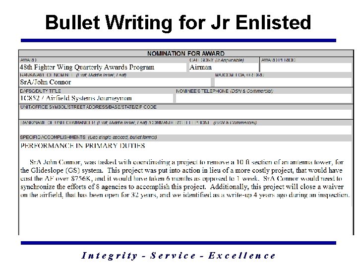 Bullet Writing for Jr Enlisted Integrity - Service - Excellence 40 