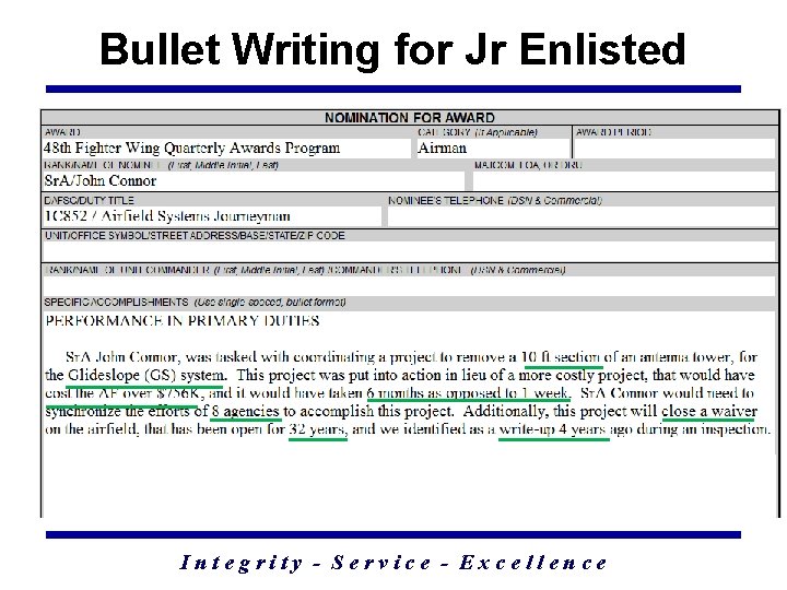 Bullet Writing for Jr Enlisted Integrity - Service - Excellence 41 