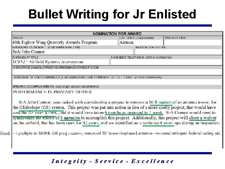 Bullet Writing for Jr Enlisted Good Integrity - Service - Excellence 42 