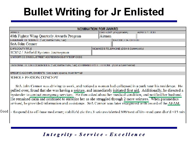 Bullet Writing for Jr Enlisted Good Integrity - Service - Excellence 47 