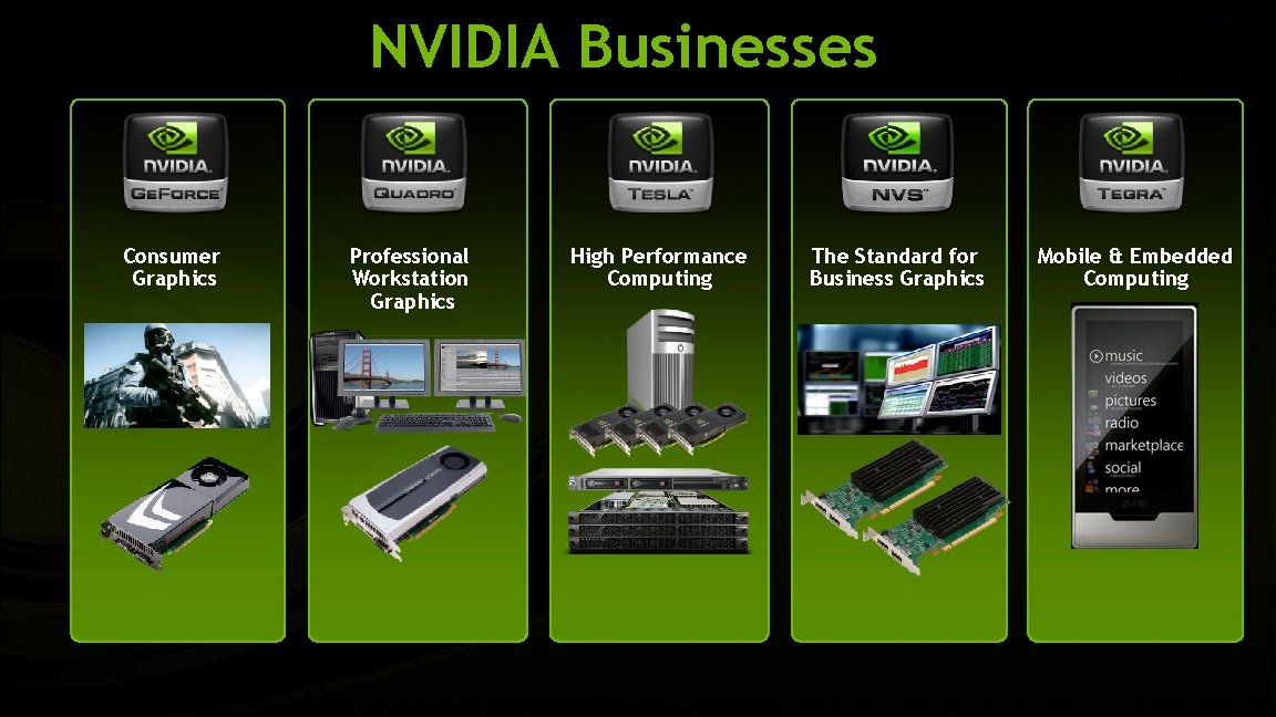 NVIDIA Businesses Consumer Graphics Professional Workstation Graphics High Performance Computing The Standard for Business