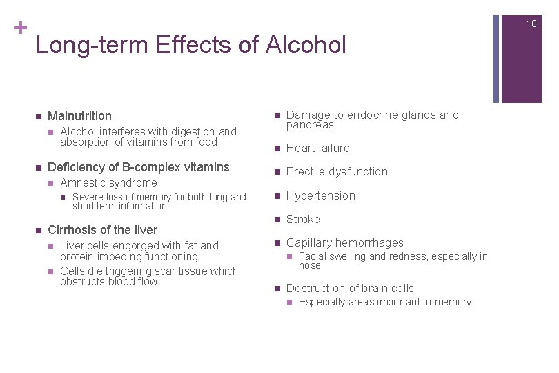 + 10 Long-term Effects of Alcohol n Malnutrition n n Alcohol interferes with digestion