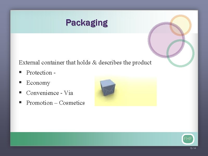 Packaging External container that holds & describes the product § § Protection Economy Convenience